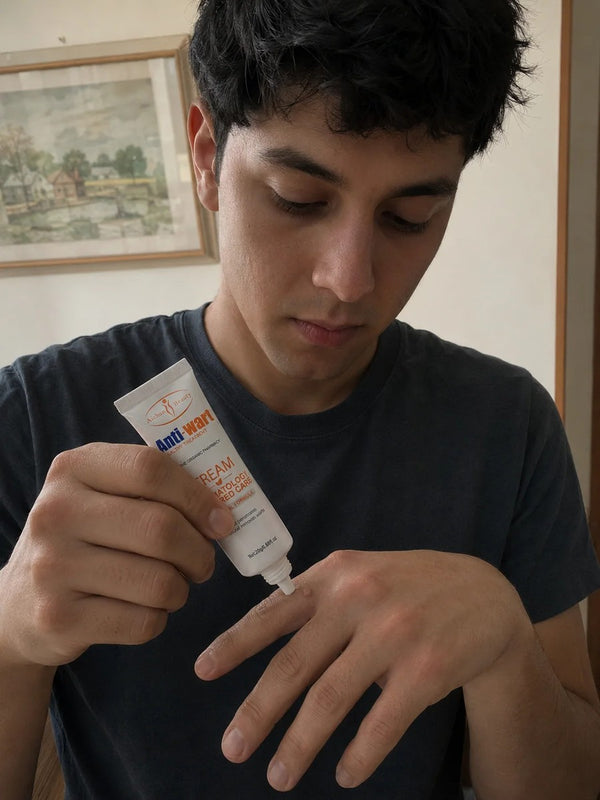 Aplicando la crema sobre el dorso de la mano