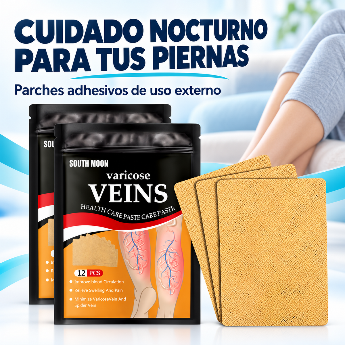 Cuidado nocturno para tus piernas · parches adhesivos de uso externo